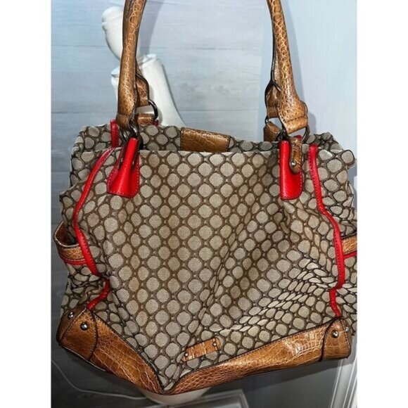Brown & Red Circle Printed Shoulder Bag With Faux Croc Leather Straps & Padlock - Picture 3 of 12